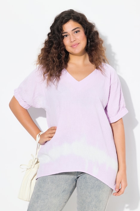 Musselin-Blusenshirt, Oversized, V-Ausschnitt, Halbarm