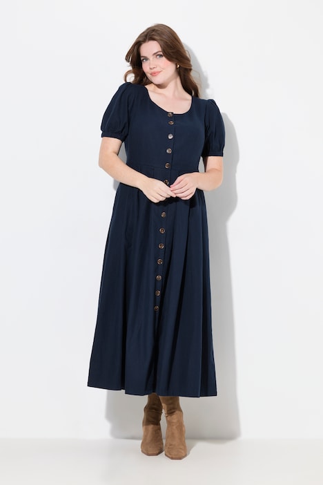 Robe maxi en lin mélangé, décolleté rond et manches courtes, empiècements smokés