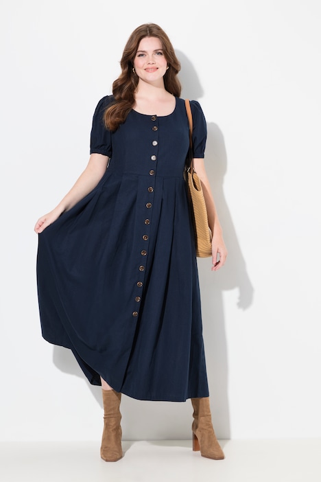 Robe maxi en lin mélangé, décolleté rond et manches courtes, empiècements smokés