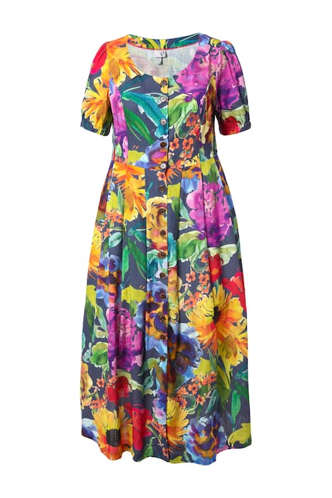 Maxi šaty, mačkané vsadky, kulatý výstřih, krátké rukávy, lněná směs