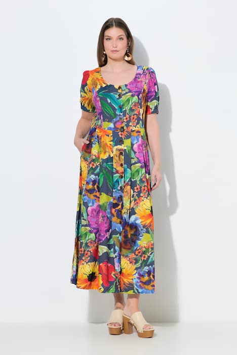 Maxikleid, Smokeinsätze, Rundhals, Halbarm, Leinenmix