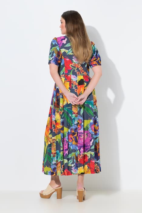 Maxikleid, Smokeinsätze, Rundhals, Halbarm, Leinenmix