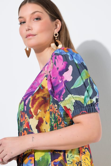 Maxikleid, Smokeinsätze, Rundhals, Halbarm, Leinenmix