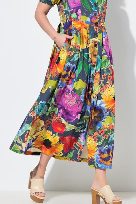 Maxikleid, Smokeinsätze, Rundhals, Halbarm, Leinenmix