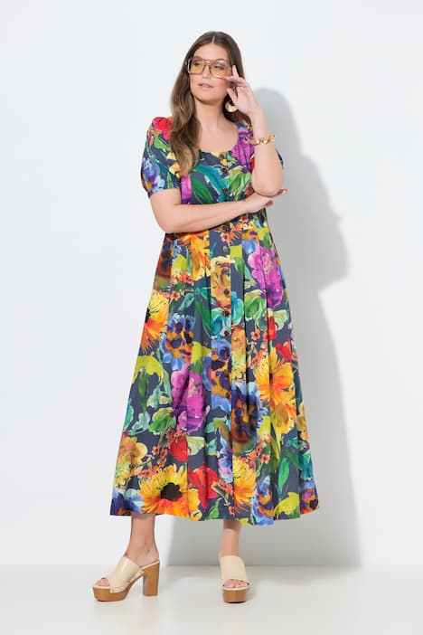 Maxikleid, Smokeinsätze, Rundhals, Halbarm, Leinenmix