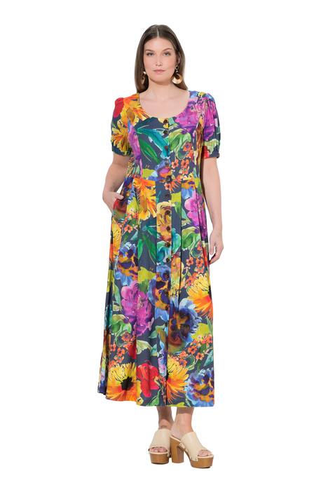 Maxi šaty, mačkané vsadky, kulatý výstřih, krátké rukávy, lněná směs