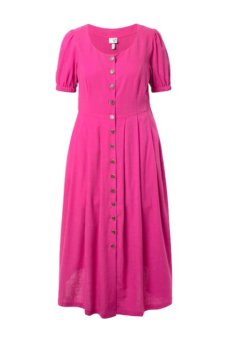 Maxi šaty, mačkané vsadky, kulatý výstřih, krátké rukávy, lněná směs