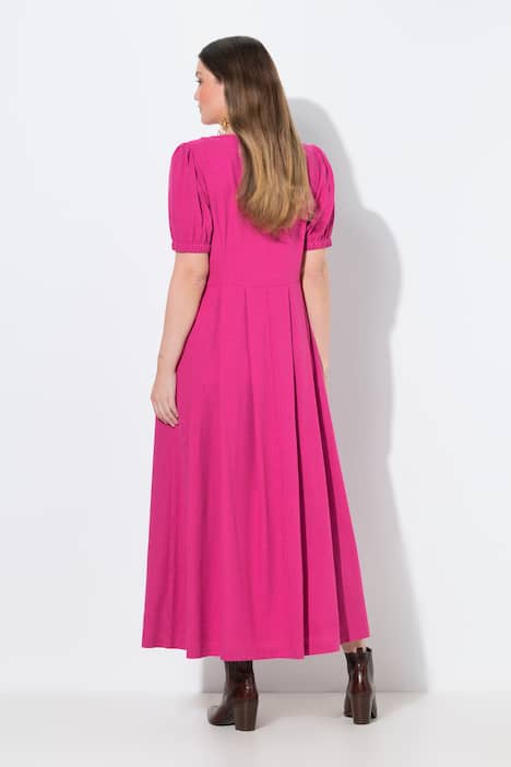 Maxikleid, Smokeinsätze, Rundhals, Halbarm, Leinenmix