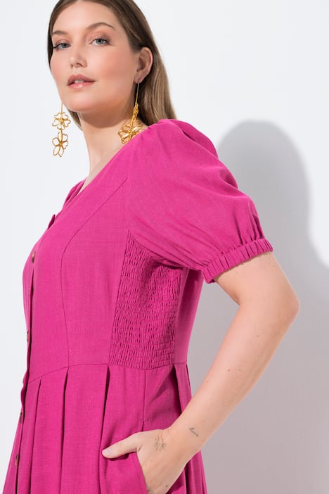 Maxikleid, Smokeinsätze, Rundhals, Halbarm, Leinenmix