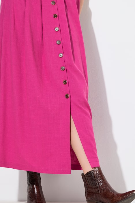 Maxikleid, Smokeinsätze, Rundhals, Halbarm, Leinenmix