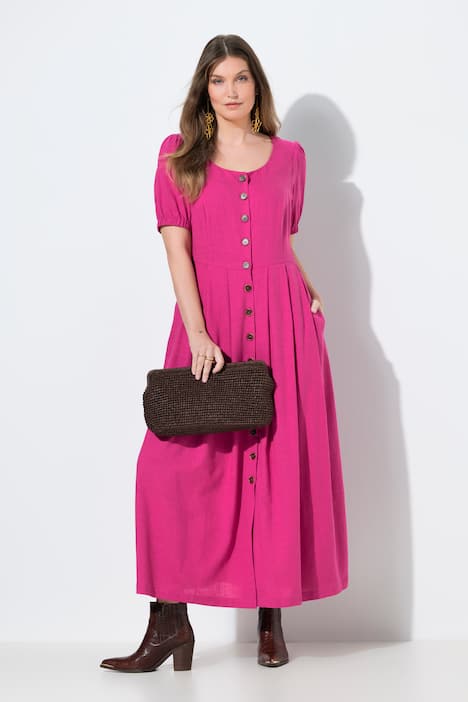 Maxikleid, Smokeinsätze, Rundhals, Halbarm, Leinenmix