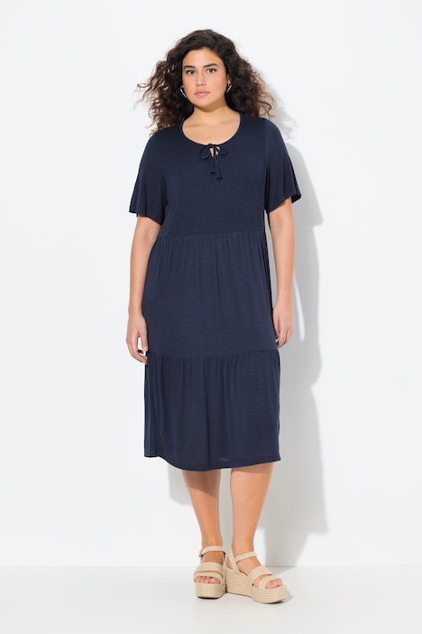 Smocked Bodice Short Sleeve Flounce Panel Jersey Dress