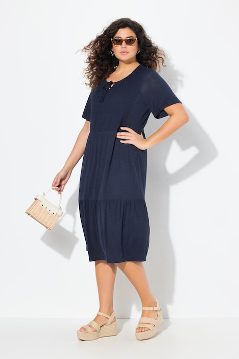 Smocked Bodice Short Sleeve Flounce Panel Jersey Dress