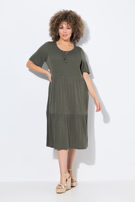 Smocked Bodice Short Sleeve Flounce Panel Jersey Dress