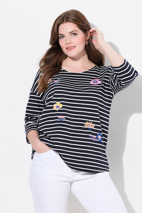 Striped Floral Embroidery 3/4 Sleeve Tee