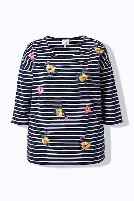 Ringelshirt, Stickerei, Oversized, Rundhals, 3/4-Arm