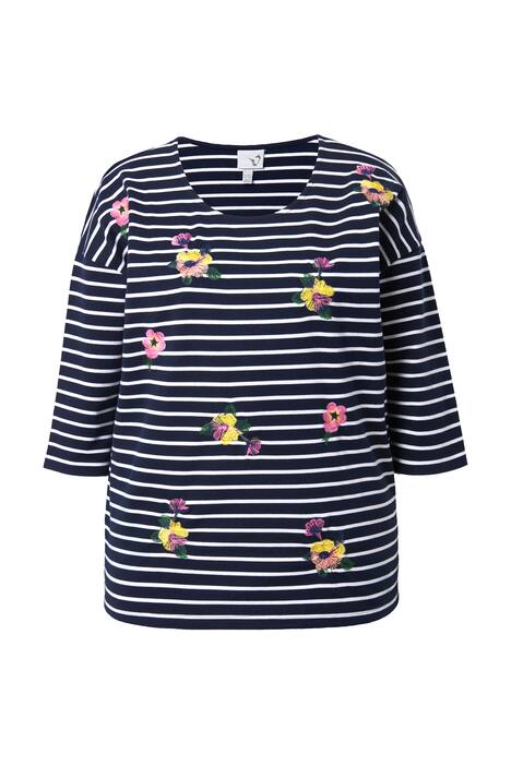 Pruhované tričko,výšivka, oversize, kulatý výstřih, 3/4 rukávy
