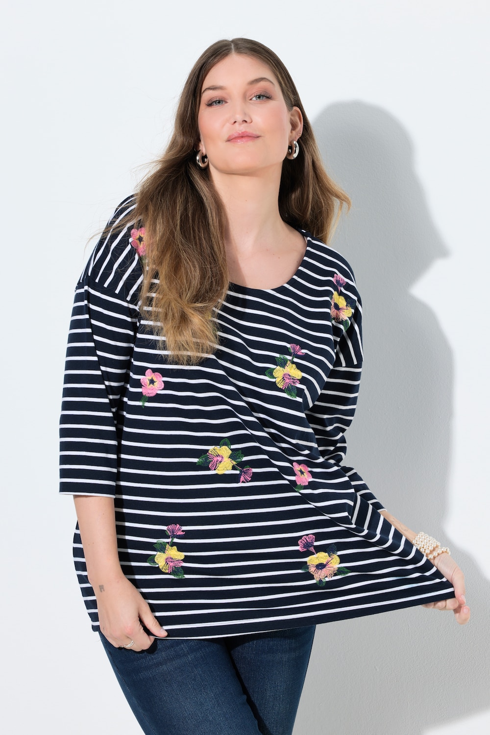 Ringelshirt, Stickerei, Oversized, Rundhals, 3/4-Arm