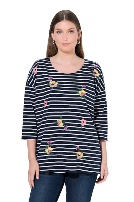 Pruhované tričko,výšivka, oversize, kulatý výstřih, 3/4 rukávy