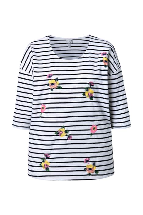 Pruhované tričko,výšivka, oversize, kulatý výstřih, 3/4 rukávy