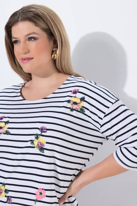 Ringelshirt, Stickerei, Oversized, Rundhals, 3/4-Arm