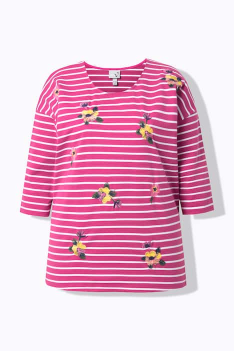 Ringelshirt, Stickerei, Oversized, Rundhals, 3/4-Arm