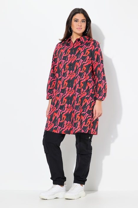 Pepper Print Long Sleeve Button Down Shirt Dress