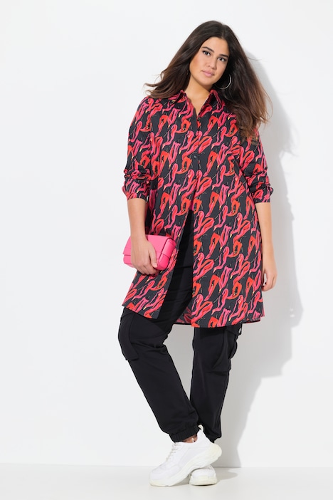 Blusa lunga con peperoni, collo da camicia e maniche lunghe