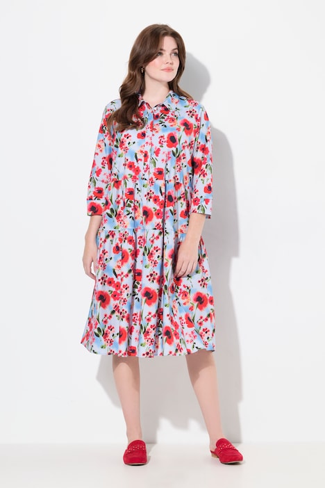 Robe chemisier imprimé coquelicots, col chemise et manches 3/4, coupe évasée