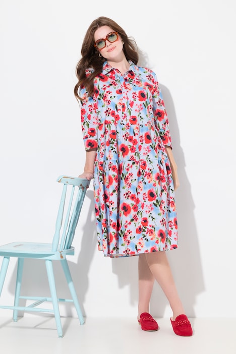 Robe chemisier imprimé coquelicots, col chemise et manches 3/4, coupe évasée