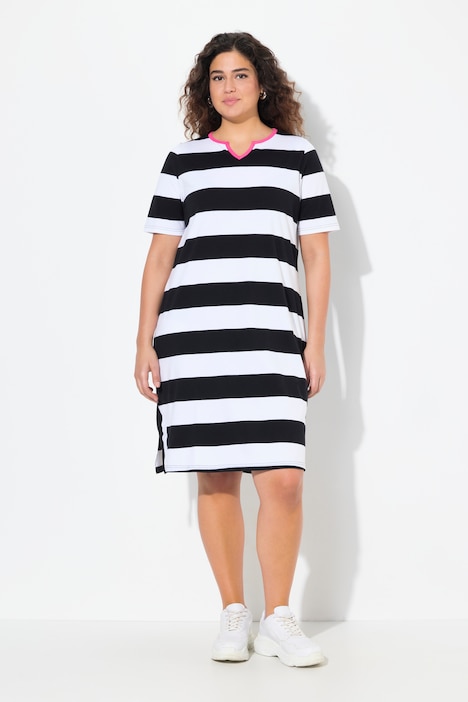 Chunky Striped Short Sleeve Split Neck Dress