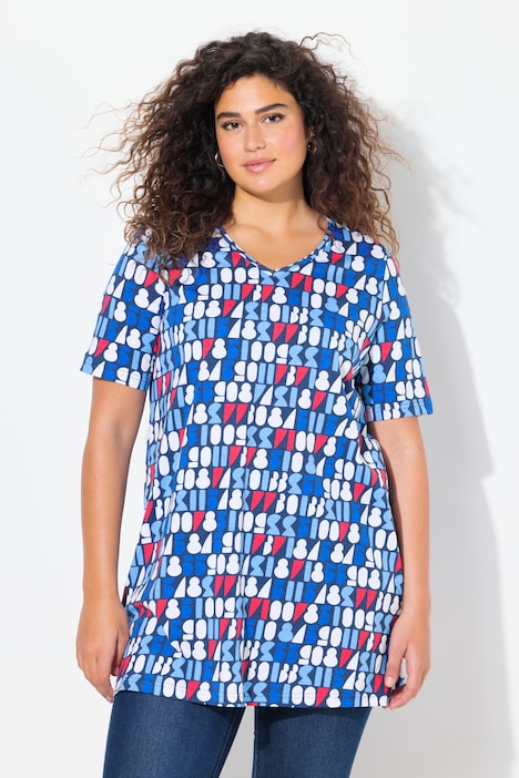 Number Print Short Sleeve V-Neck Knit Tunic