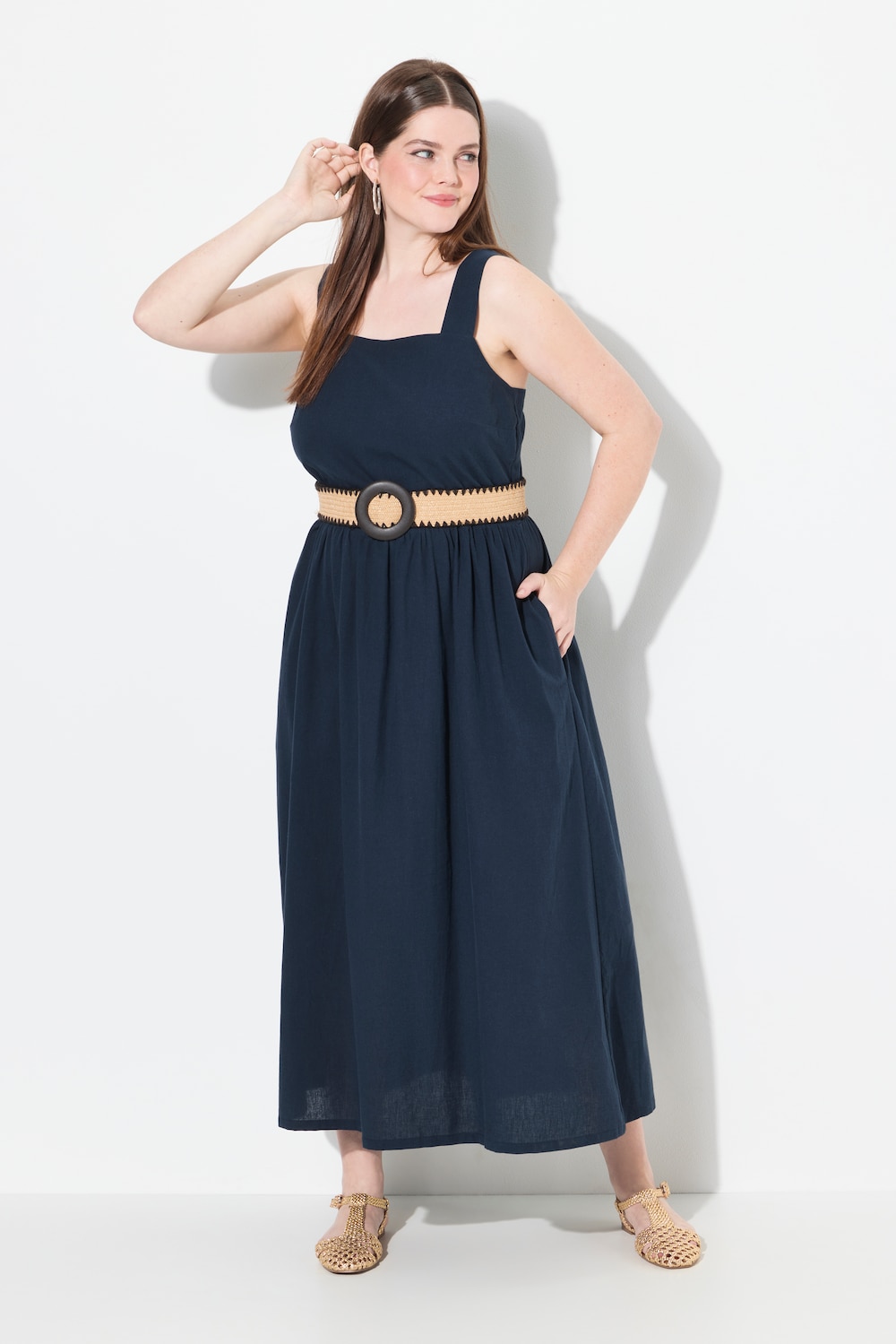 Große Größen Maxikleid, Damen, blau, Größe: 42/44, Baumwolle/Leinen, Ulla Popken