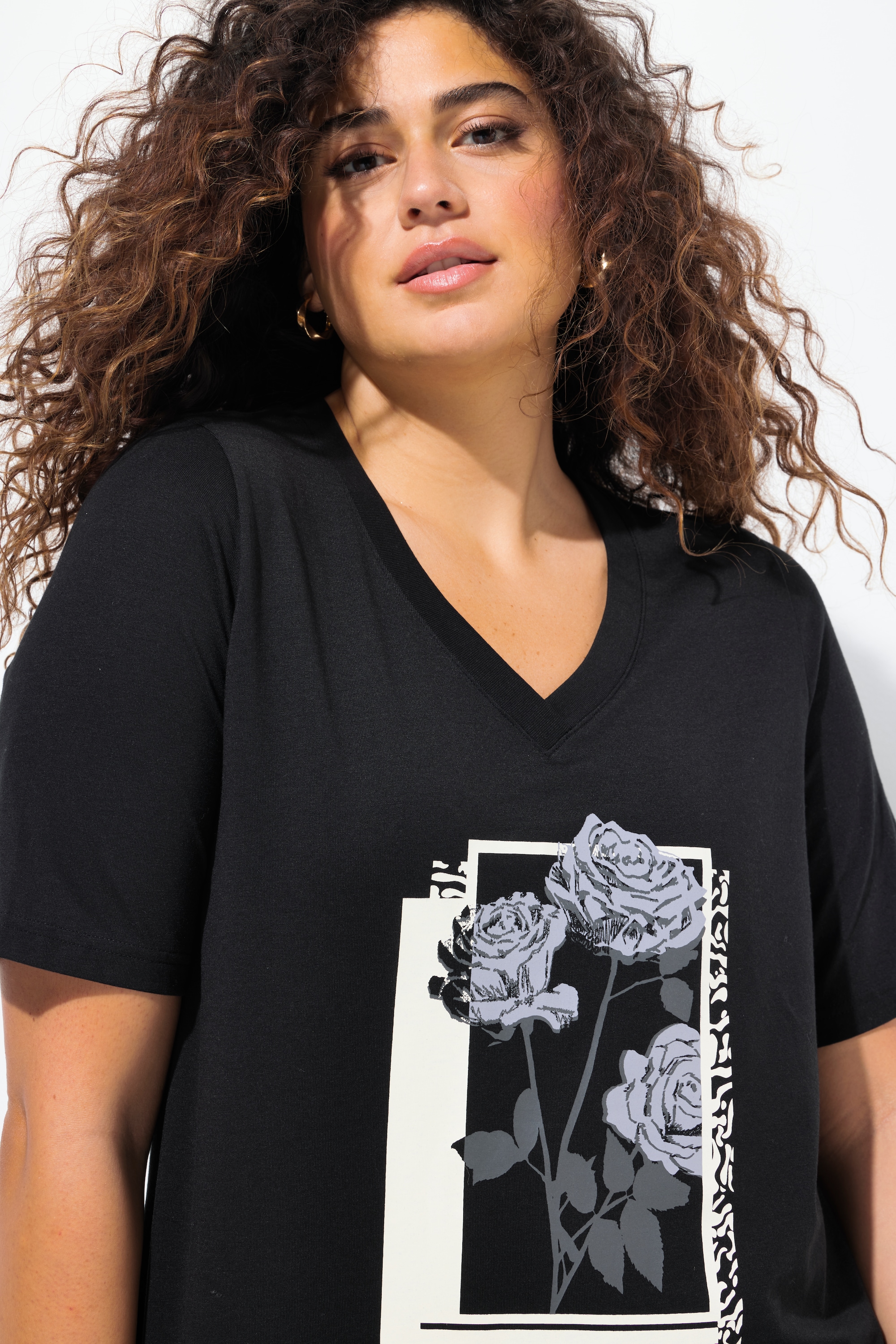Ulla Popken Damen große Größen T Shirt Blüten Classic V Ausschnitt