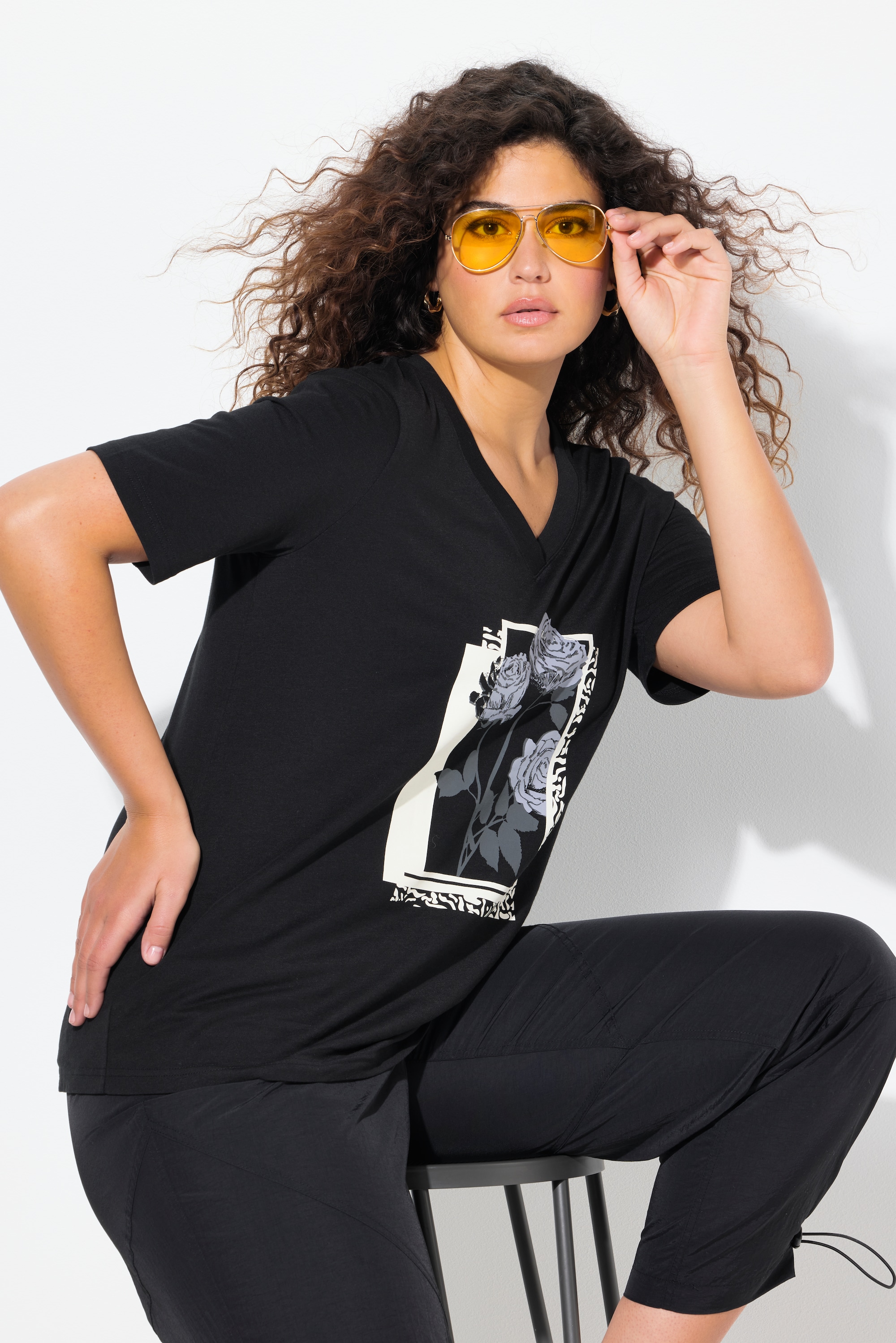 Ulla Popken Damen große Größen T Shirt Blüten Classic V Ausschnitt