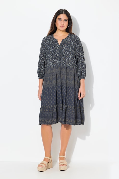 Mixed Print 3/4 Sleeve Flounce Panel Dress