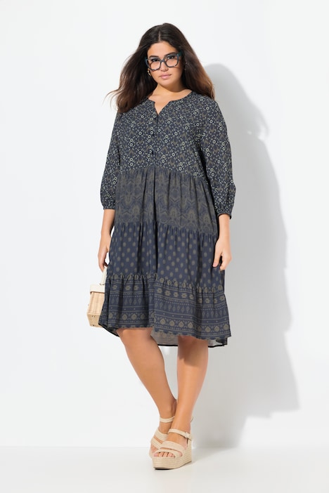 Mixed Print 3/4 Sleeve Flounce Panel Dress