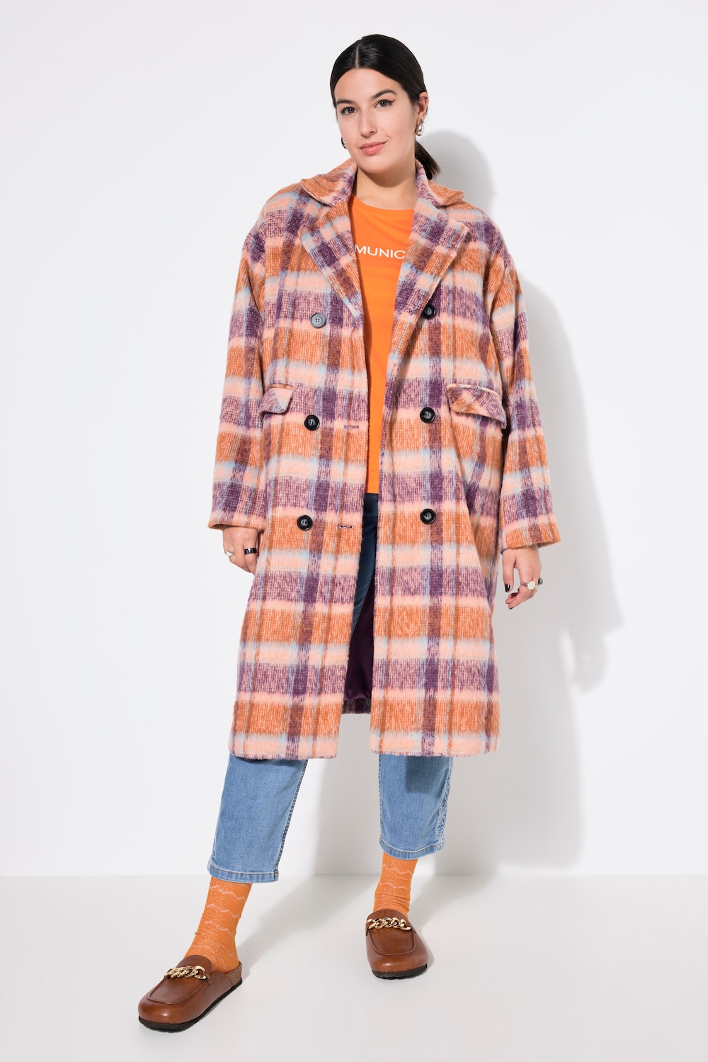 Karomantel, oversized, kuschelig, Revers, Langarm