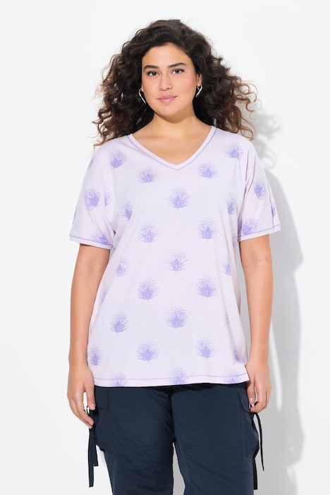 T-shirt oversize, col en V et manches courtes, motif paons