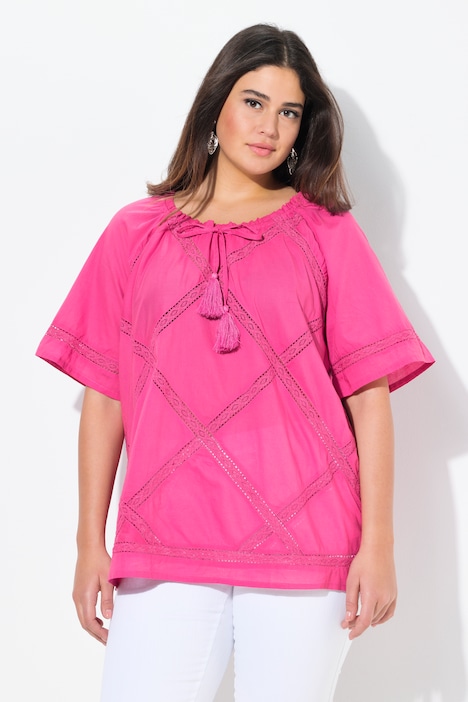 Blusa con pizzo all'uncinetto, scollo a girocollo e mezze maniche