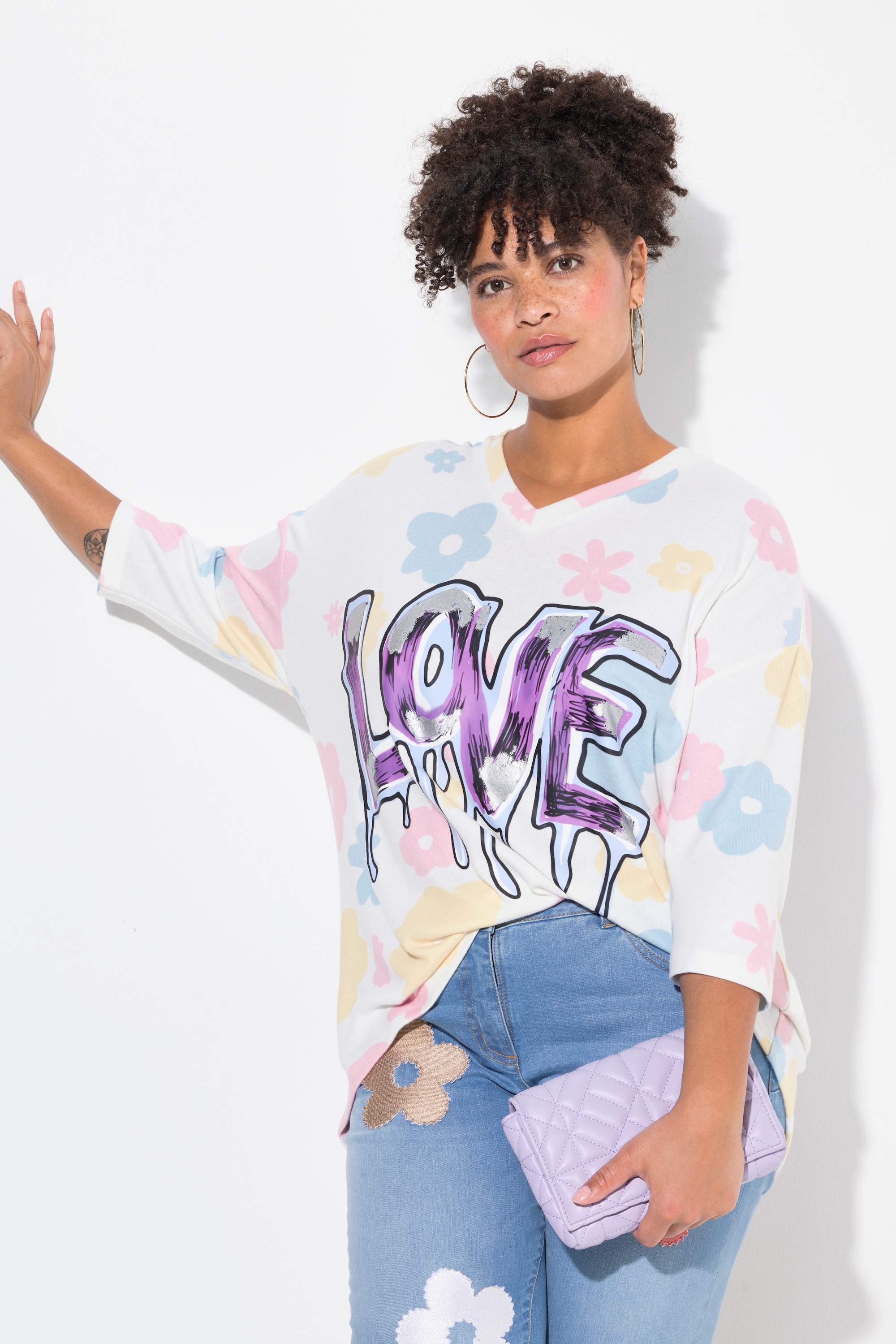 MIAMODA Damen große Größen Pullover oversized Blumen glänzendes Statement 837578