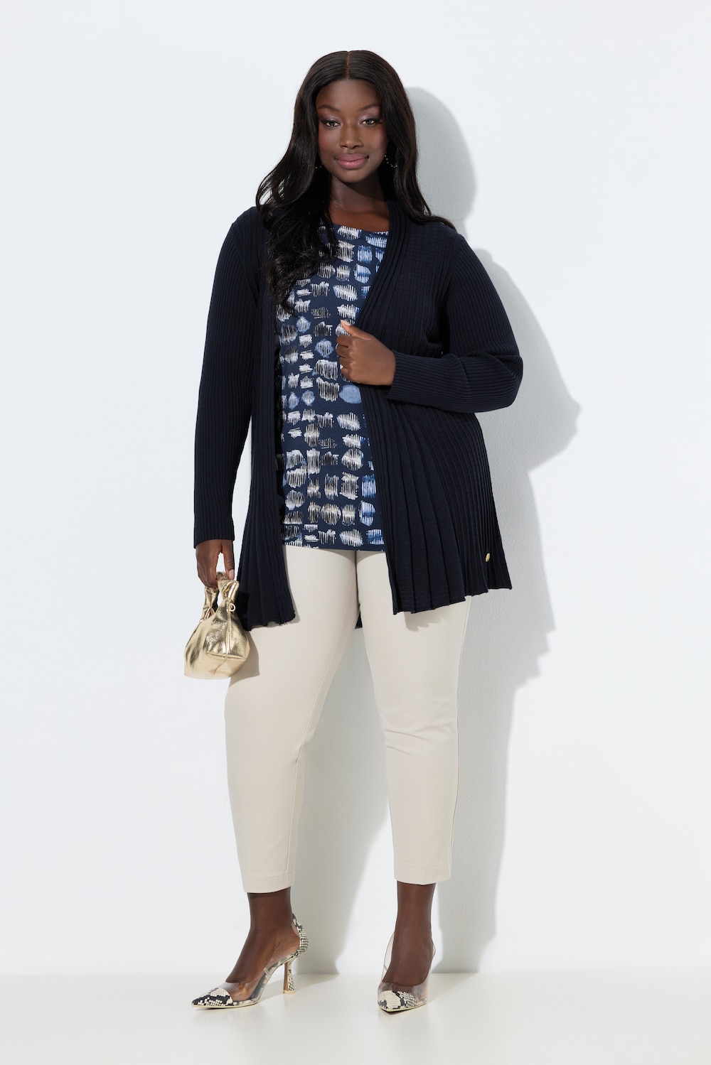 Plissee-Strickjacke, A-Linie, Schalkragen, Langarm