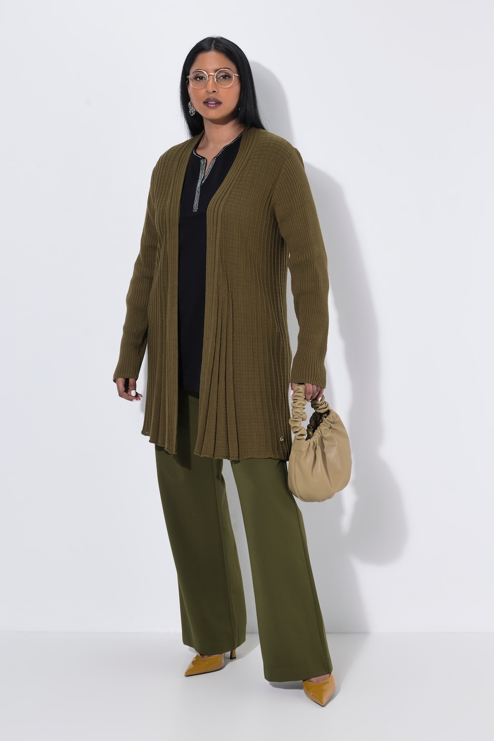 Plissee-Strickjacke, A-Linie, Schalkragen, Langarm