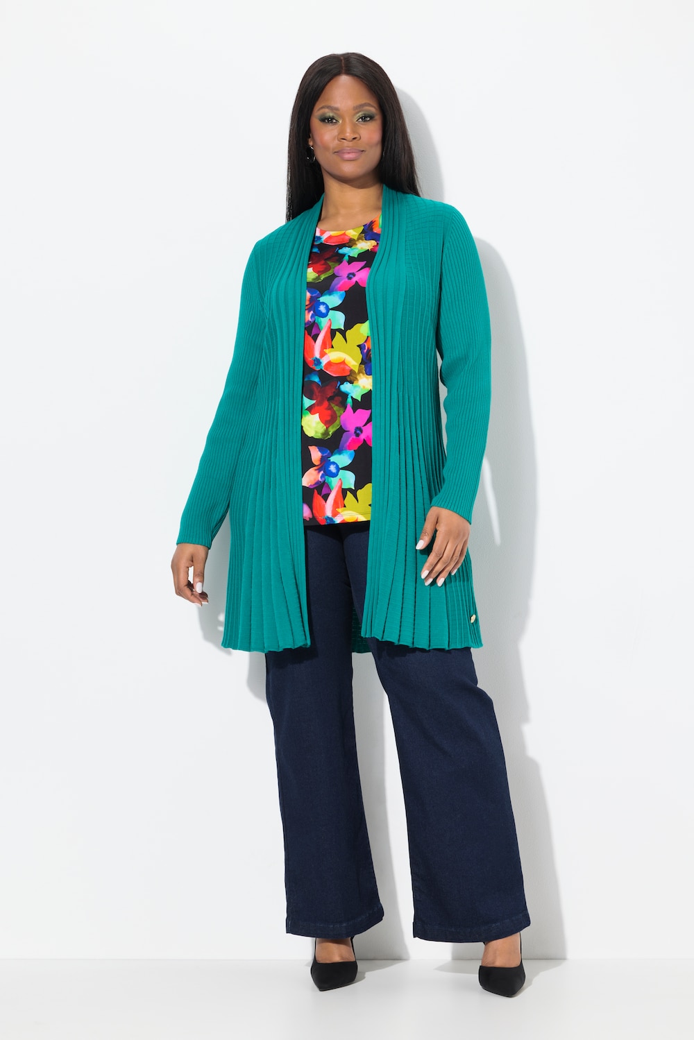 Große Größen Plissee-Strickjacke, Damen, grün, Größe: 54/56, Baumwolle/Viskose, Ulla Popken