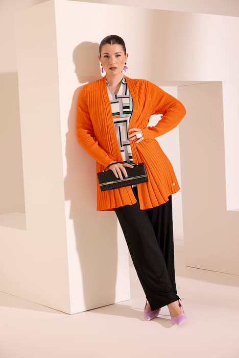 Plissee-Strickjacke, A-Linie, Schalkragen, Langarm