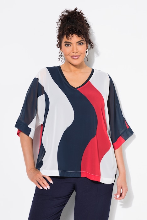 Wave Stripe Short Sleeve Chiffon Tunic