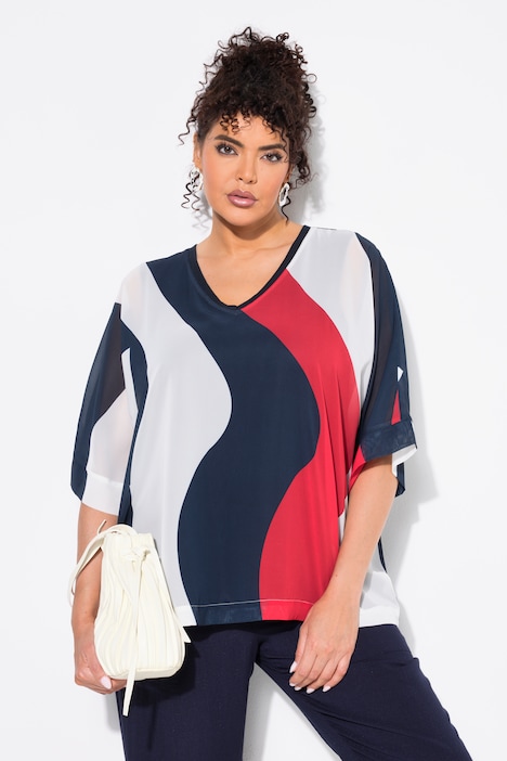 Wave Stripe Short Sleeve Chiffon Tunic