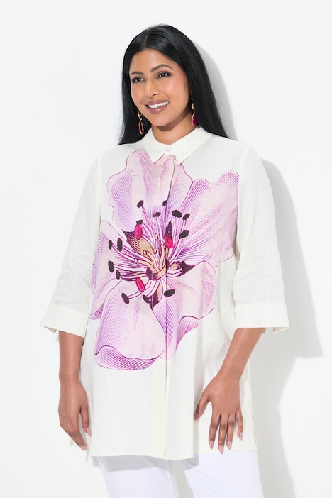 Blouse en lin, fleurs, coupe trapèze, col chemise, manches 3/4