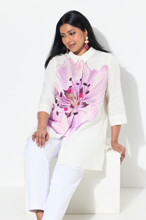 Blouse en lin, fleurs, coupe trapèze, col chemise, manches 3/4