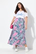 Jupe midi à volants. Motif floral. Taille élastique. Coupe évasée